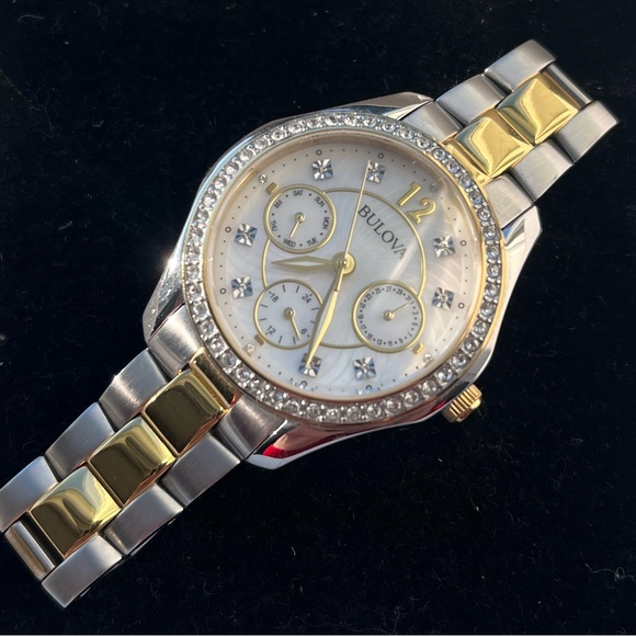 Bulova Accessories - Bulova Silver and Gold Watch with Crystal Details